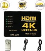 4K HDMI Switch 5 Port Video Switcher Supports 3D Full 1080P Ultra HD HDMI Splitter with IR Remote