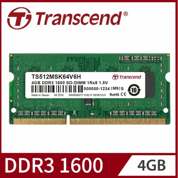 Transcend 4GB DDR3 1600 / PC312800 (TS512MSK64V6H) Laptop Ram ; RAM TRANSCEND 4GB 12800 1600 DDR3 NOTEBOOK , DDR3-1600/PC3-12800