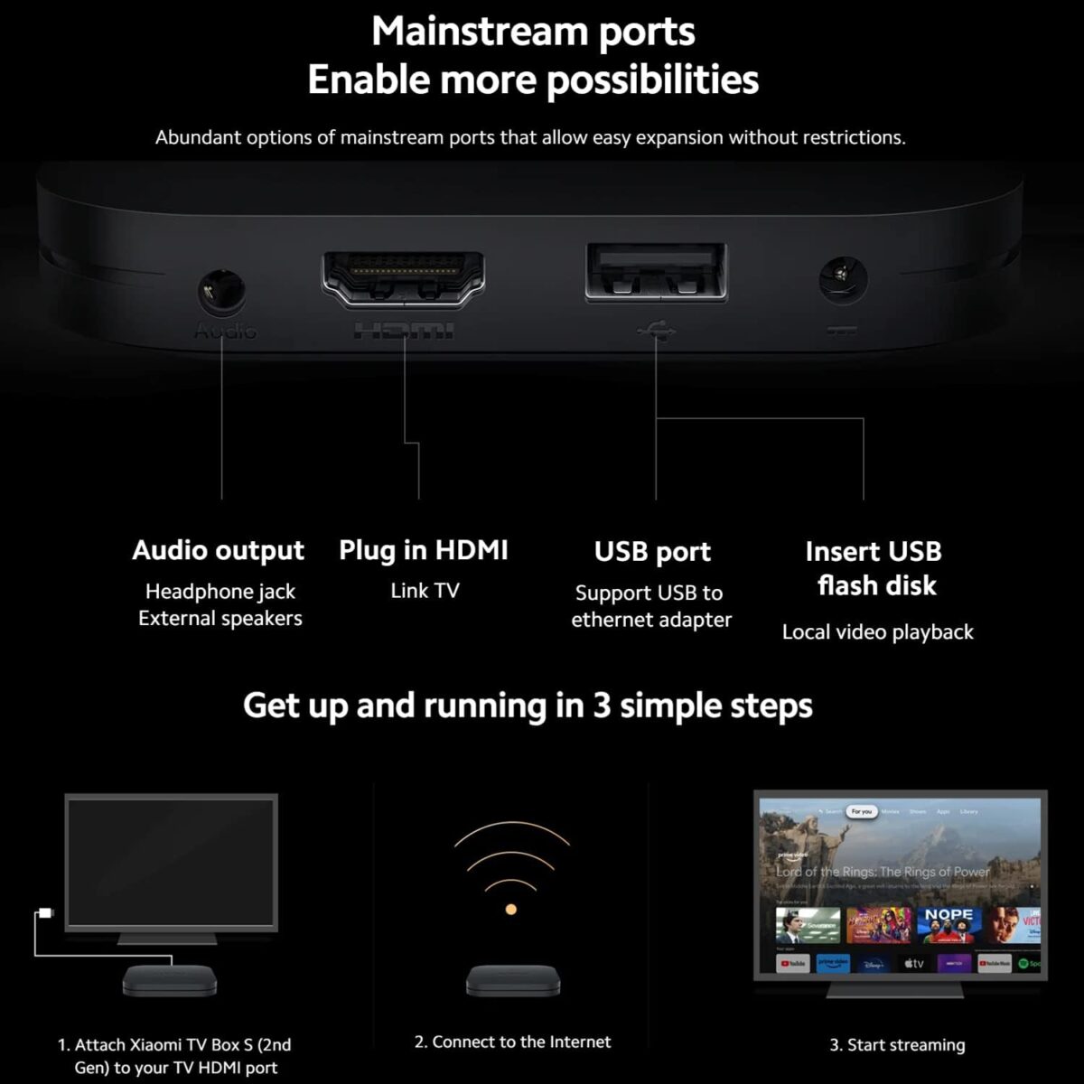 Xiaomi TV Box S (2nd Gen) 4K Ultra HD Streaming Media Player, Google TV Box with 2GB RAM 8GB ROM, 2.4G/5G Dual WiFi, Bluetooth 5.2 & Dolby Atmos & DTS-HD, Dolby Vision, HDR10+
