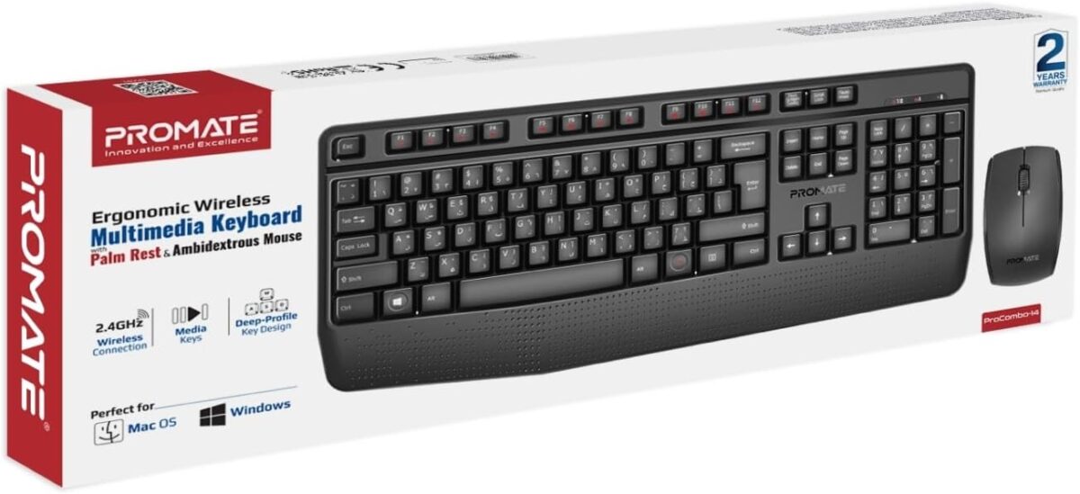 Enhanced Productivity: ProCombo-14 combines an ergonomic multimedia keyboard with a palm rest and an ambidextrous mouse that boosts productivity and enhances your desk. ⌨️Wireless Freedom: Get a stable and secure wireless connection up to 10 meters away with this wireless keyboard and mouse combo.