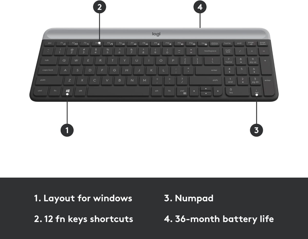 61T9jecVozL._AC_SL1500_ Logitech MK470 Slim Wireless Keyboard and Mouse Combo - Modern Compact Layout, Ultra Quiet, 2.4 GHz USB Receiver, Plug n' Play Connectivity, Compatible with Windows - Graphite