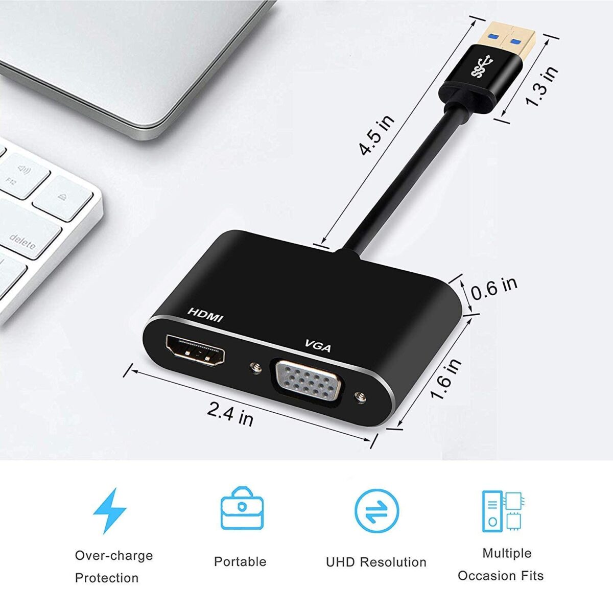 USB 3.0 HDMI  VGA CONVERTER ADAPTOR USB 3.0 to HDMI & VGA, 2 in 1 Adapter USB 3.0 to VGA/HDMI Adapter Converter Dual Multi External Display Sync Output 4K HD 1080P Support Windows 7 8 10 ONLY for Windows