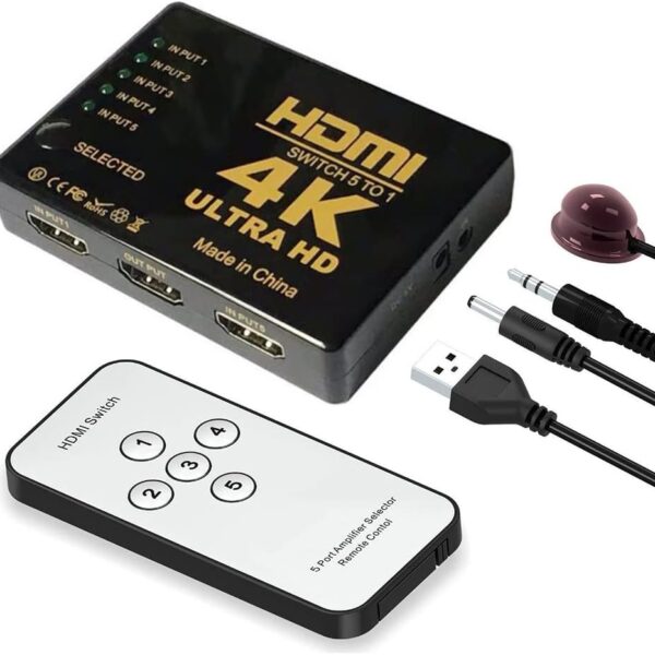 4K HDMI Switch 5 Port Video Switcher Supports 3D Full 1080P Ultra HD HDMI Splitter with IR Remote