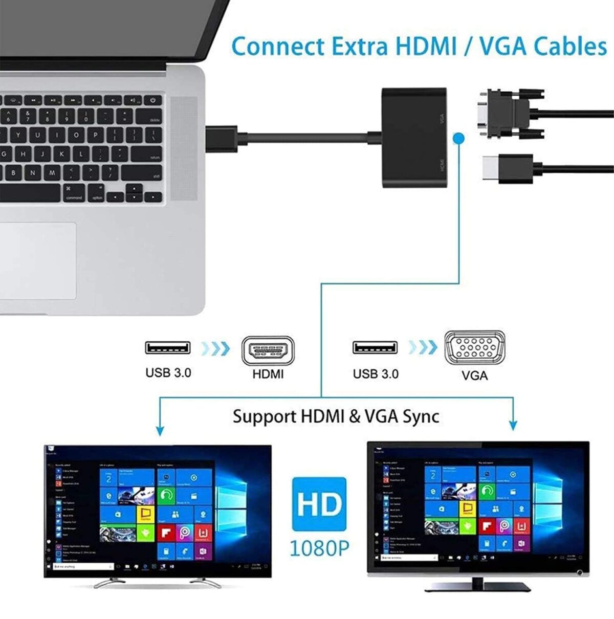 USB 3.0 HDMI  VGA CONVERTER ADAPTOR USB 3.0 to HDMI & VGA, 2 in 1 Adapter USB 3.0 to VGA/HDMI Adapter Converter Dual Multi External Display Sync Output 4K HD 1080P Support Windows 7 8 10 ONLY for Windows