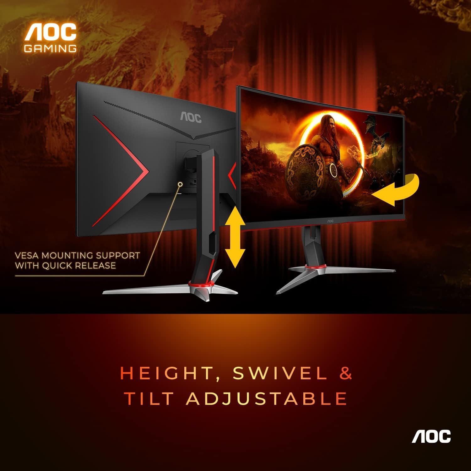 AOC C27G2Z 27" Curved Frameless Ultra-Fast Gaming Monitor, FHD 1080p, 0.5ms 240Hz, FreeSync, HDMI/DP/VGA, Height Adjustable, 3-Year Zero Dead Pixel Guarantee, Black, Xbox PS5 Switch
