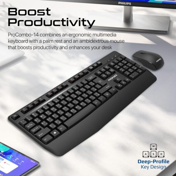 Enhanced Productivity: ProCombo-14 combines an ergonomic multimedia keyboard with a palm rest and an ambidextrous mouse that boosts productivity and enhances your desk. ⌨️Wireless Freedom: Get a stable and secure wireless connection up to 10 meters away with this wireless keyboard and mouse combo.