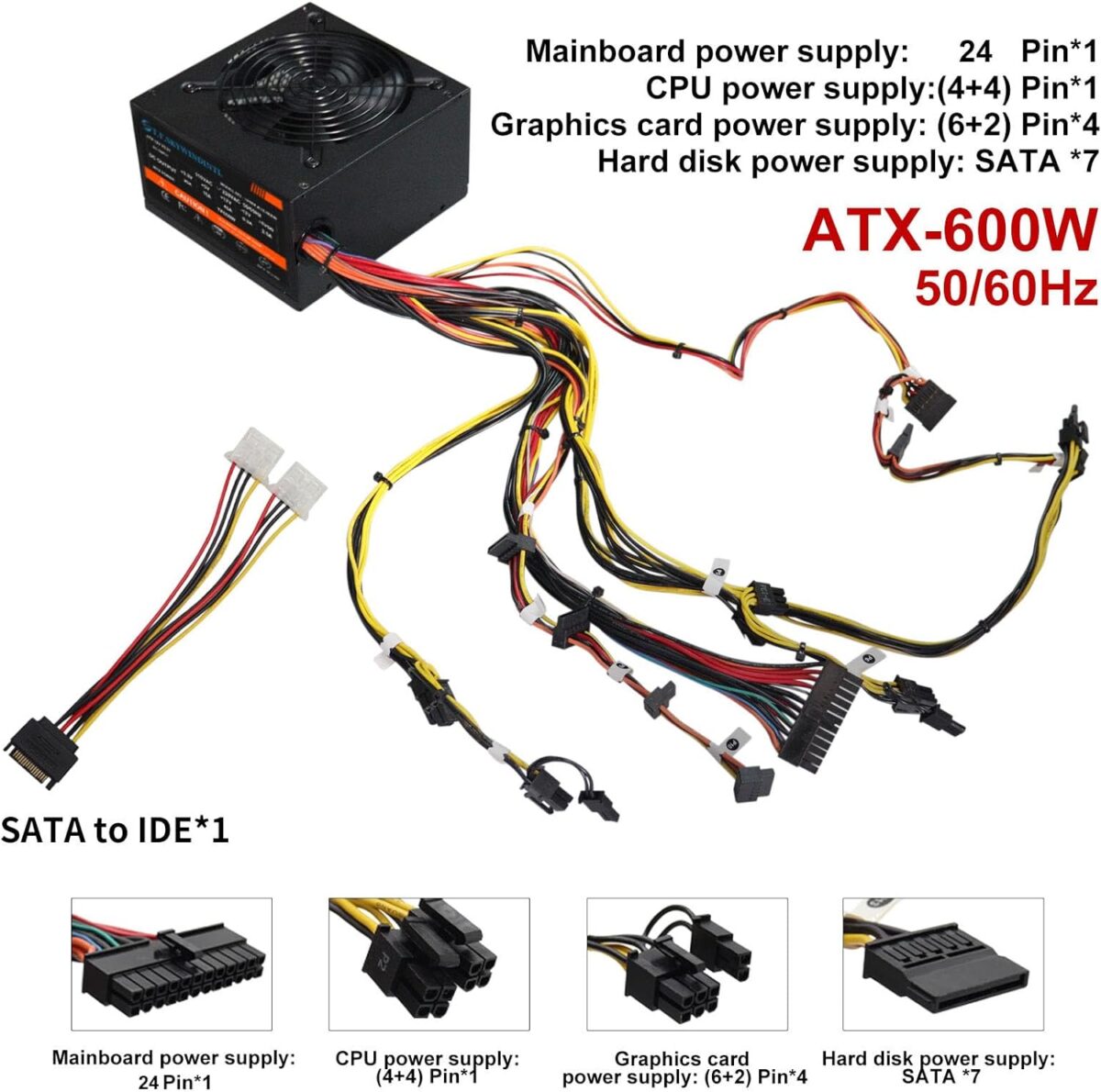 600W Power Supply ATX Gaming PC PSU Active PFC Full Voltage 110/220V Non Modular Computer Power Supplies Bronze for Desktop Server