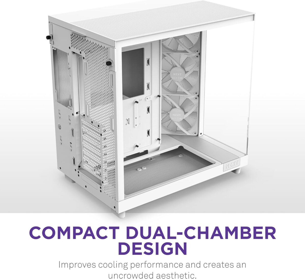 NZXT H6 Flow RGB | CC-H61FW-R1 | Compact Dual-Chamber Mid-Tower Airflow Case | Includes 3 x 120mm RGB Fans | Panoramic Glass Panels | High-Performance Airflow Panels | Cable Management | White