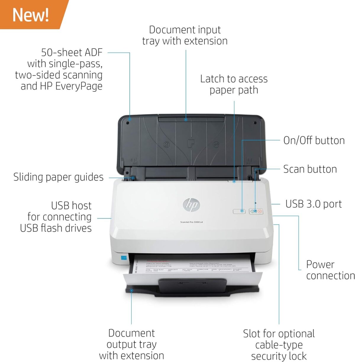 HP ScanJet Pro 3000 s4 Sheet Feed Scanner ; Document scanner ; Max. Paper format A4 ; Scan volume/day (max.): 4,000 pages ; Scan speed (max.): 40.0 ppm