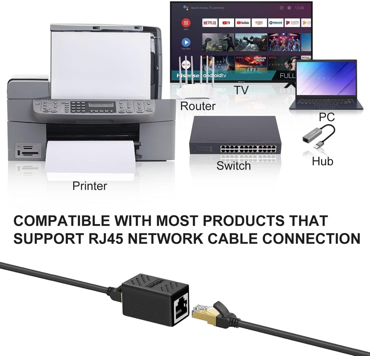 RJ45 Coupler in-Line Coupler Female to Female Ethernet Coupler for Cat7/ Cat6/ Cat5/ Cat5e Ethernet Cable Extender Adapter (Black)