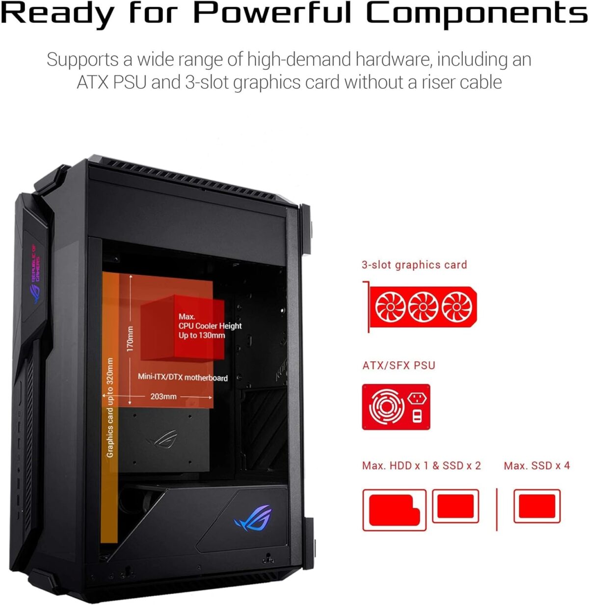 ASUS ROG Z11 Mini-ITX/DTX Gaming Case with Patented 11° Tilt Design, Compatible with ATX Power Supply,3-Slot Graphics, Front I/O USB 3.2 Gen 2 Type-C, 2x USB 3.2 Gen 1 Type-A and ARGB Control Button