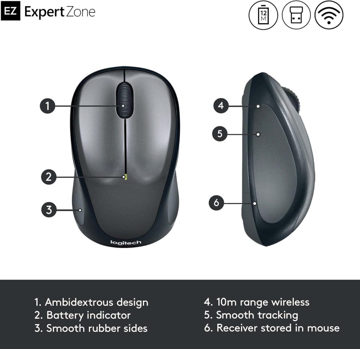 LOGITECH M235 Wireless Optical Mouse  -Smooth optical tracking - USB Receiver - 2.4 GHz wireless connection - DPI (Min/Max): 1000±