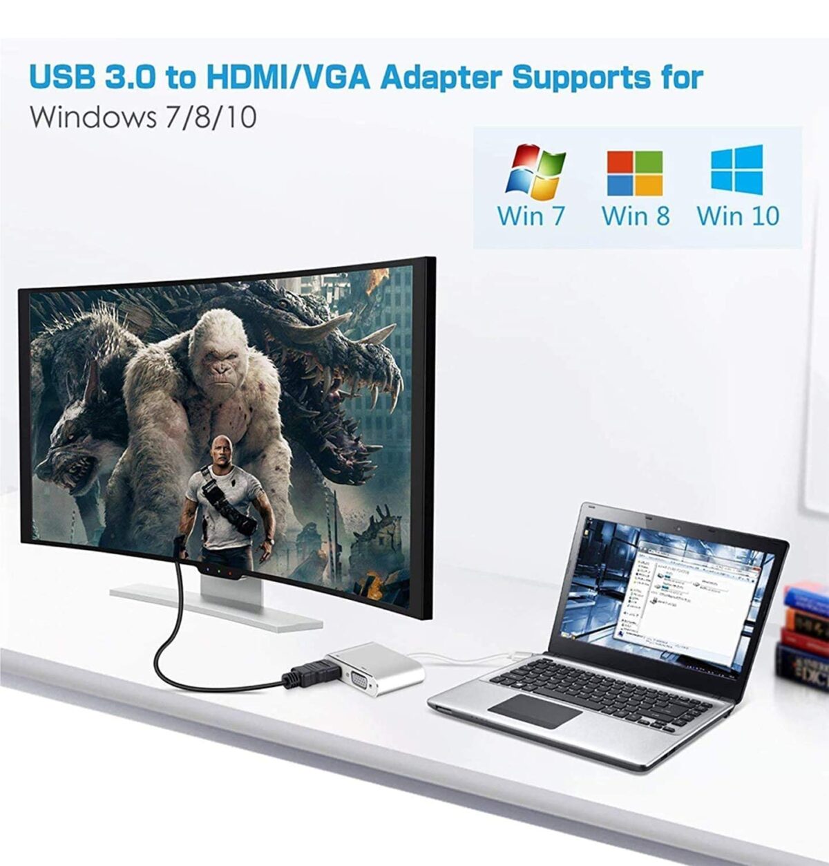 USB 3.0 HDMI  VGA CONVERTER ADAPTOR USB 3.0 to HDMI & VGA, 2 in 1 Adapter USB 3.0 to VGA/HDMI Adapter Converter Dual Multi External Display Sync Output 4K HD 1080P Support Windows 7 8 10 ONLY for Windows
