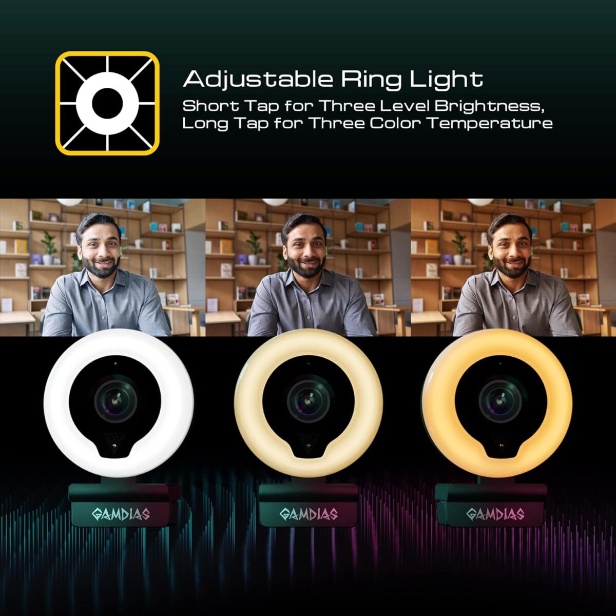 GAMDIAS IRIS M1 Streaming Webcam, Full HD 1080p 60FPS, Premium No Distortion Lens, Adjustable Ring Light, Accurate Auto Focus,BUILD-IN MIC, Works with OBS/StreamLabs/X Split for Twitch, Facebook, YouTube Streamer