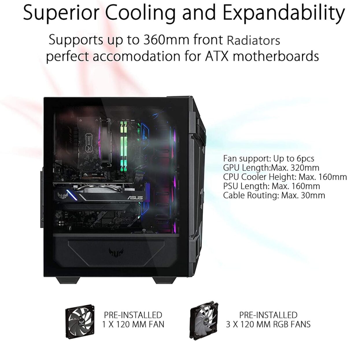 ASUS TUF Gaming GT301 ATX mid-tower compact case with tempered glass side panel, honeycomb front panel, 120mm AURA Addressable RGB fan, headphone hanger and 360mm radiator support.