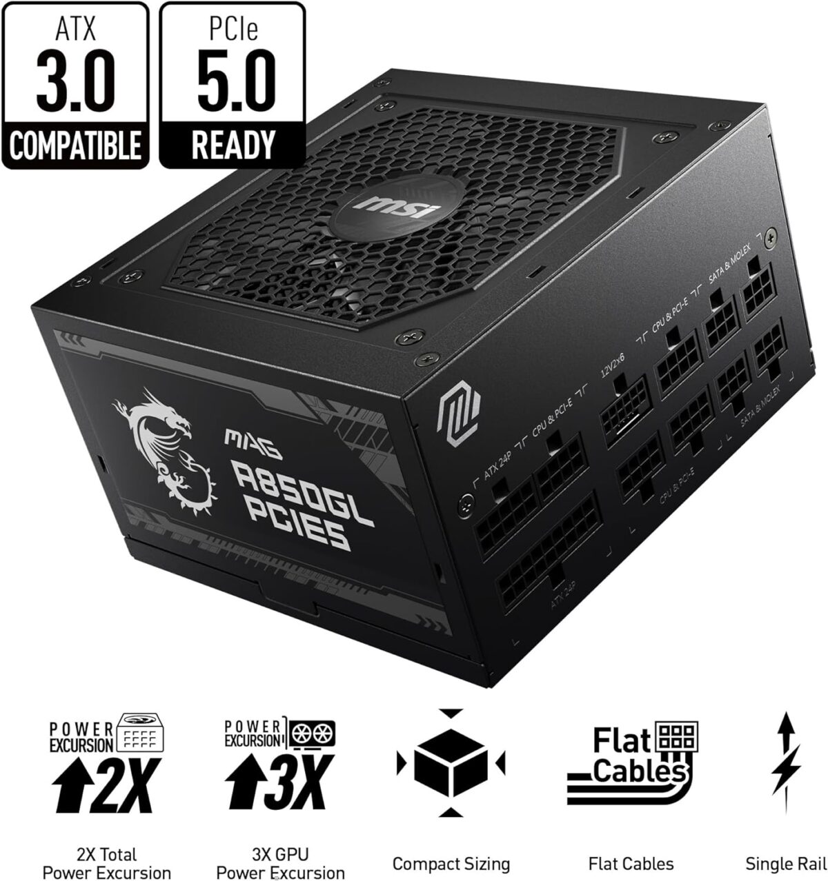 MSI MAG A850GL PCIE 5 & ATX 3.0 Gaming Power Supply - Full Modular - 80 Plus Gold Certified 850W - Compact Size - ATX PSU