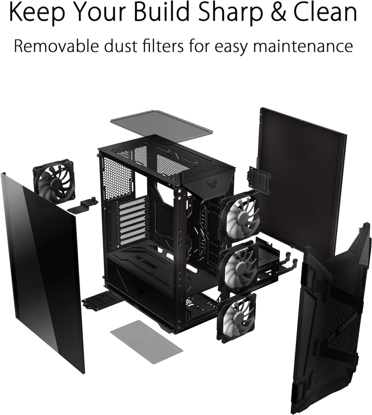 ASUS TUF Gaming GT301 ATX mid-tower compact case with tempered glass side panel, honeycomb front panel, 120mm AURA Addressable RGB fan, headphone hanger and 360mm radiator support.