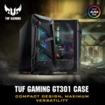 ASUS TUF Gaming GT301 ATX mid-tower compact case with tempered glass side panel, honeycomb front panel, 120mm AURA Addressable RGB fan, headphone hanger and 360mm radiator support.