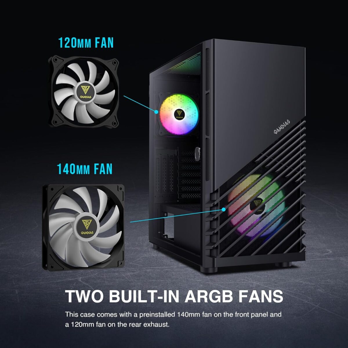 Argus M4 MID Tower CASE BLACK GAMDIAS Argus M4 MID GAMING Tower CASE  , 1 Built-in 140mm Front Fan and 120mm Rear Fan , Sync with 5V ARGB Motherboard , Tempered Glass , Motherboards up to ATX - BLACK
