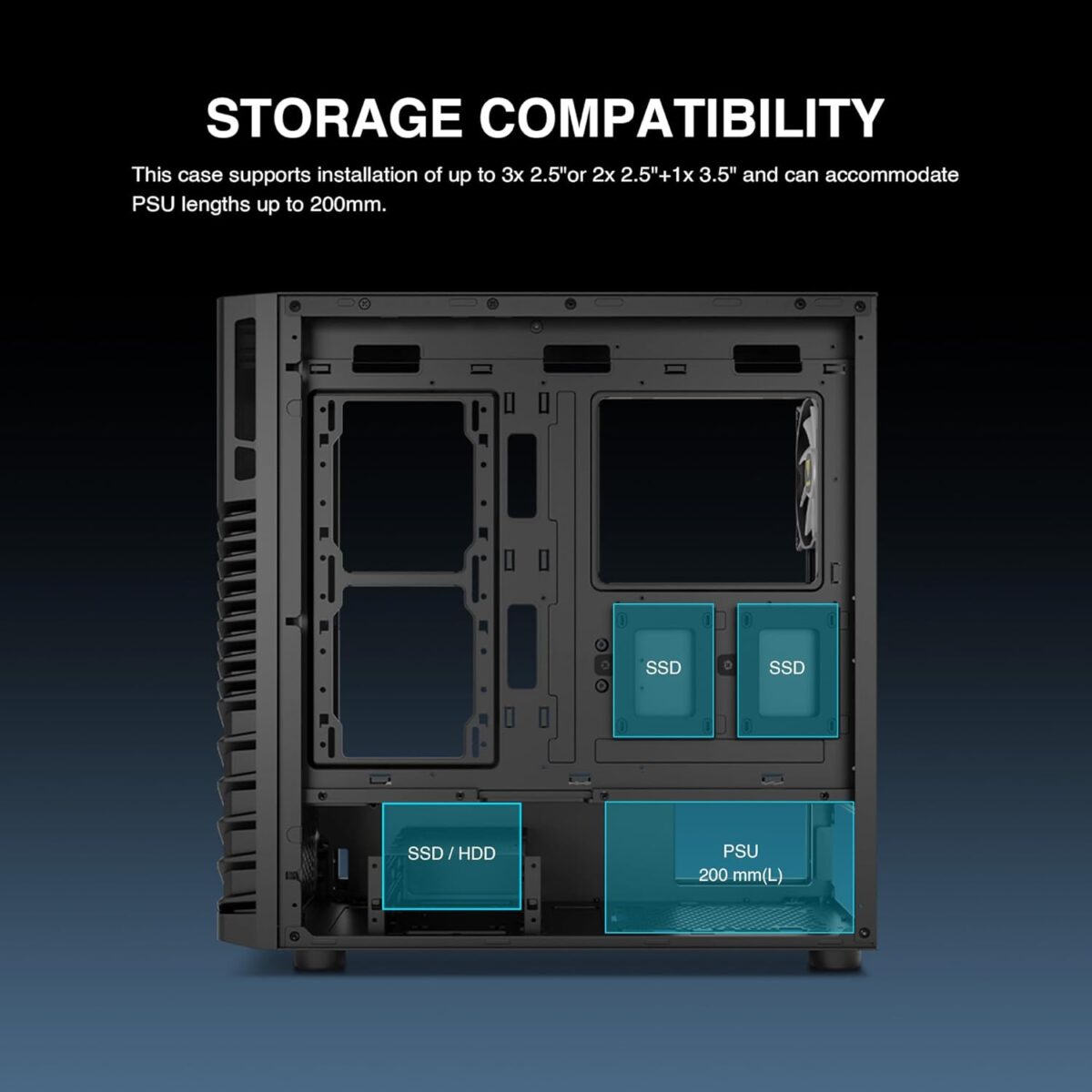 Compatible with Dual 360mm Radiator (Top & Front) 1 Built-in 140mm Front Fan and 120mm Rear Fan Sync with 5V ARGB Motherboard Tool-Free Installation Tempered Glass Window Supports Motherboards up to ATX