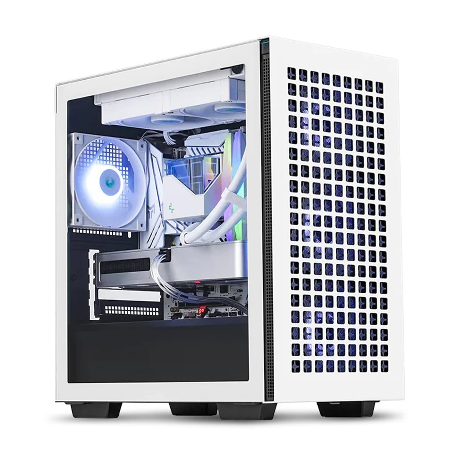 DeepCool-CH370-White-3 Compact Powerhouse: The CH370 micro ATX case can pack in the best high-end components without a sweat to be a compact gaming powerhouse. Expand Your Cooling: Install liquid cooling radiators up to 360mm in the front or up to 240mm on top with a max support for up to 8x 120mm or 4x 140mm case fans. Magnetic Glass Panel: Experience the easiest way to mount a full-sized tempered glass side panel for a perfect snap on fit with an optional safety lock feature when necessary. The Support You Need: A built-in GPU support bracket and also a headphone stand keep your important items in perfect place. Simple Storage Access: Install up to 2x 3.5in HDDs in a removable drive cage and 2x 2.5in SSDs with a quick release tray mount.