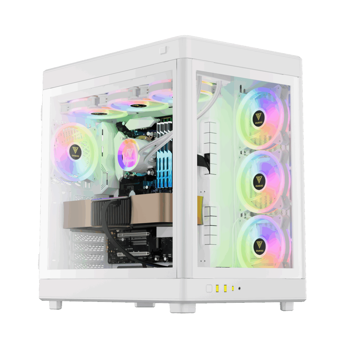 Brand GAMDIAS Case Type Mid Tower Color White Material Tempered Glass, Metal Cooling Method Air Model Name NESO P1 WW Light Color RGB Product Dimensions 19.3"D x 12.2"W x 19.5"H Number of USB 2 Ports 2 Special Feature Partition Plate Cooling Technology, RGB Lighting, LED Control Button, Dust Filter