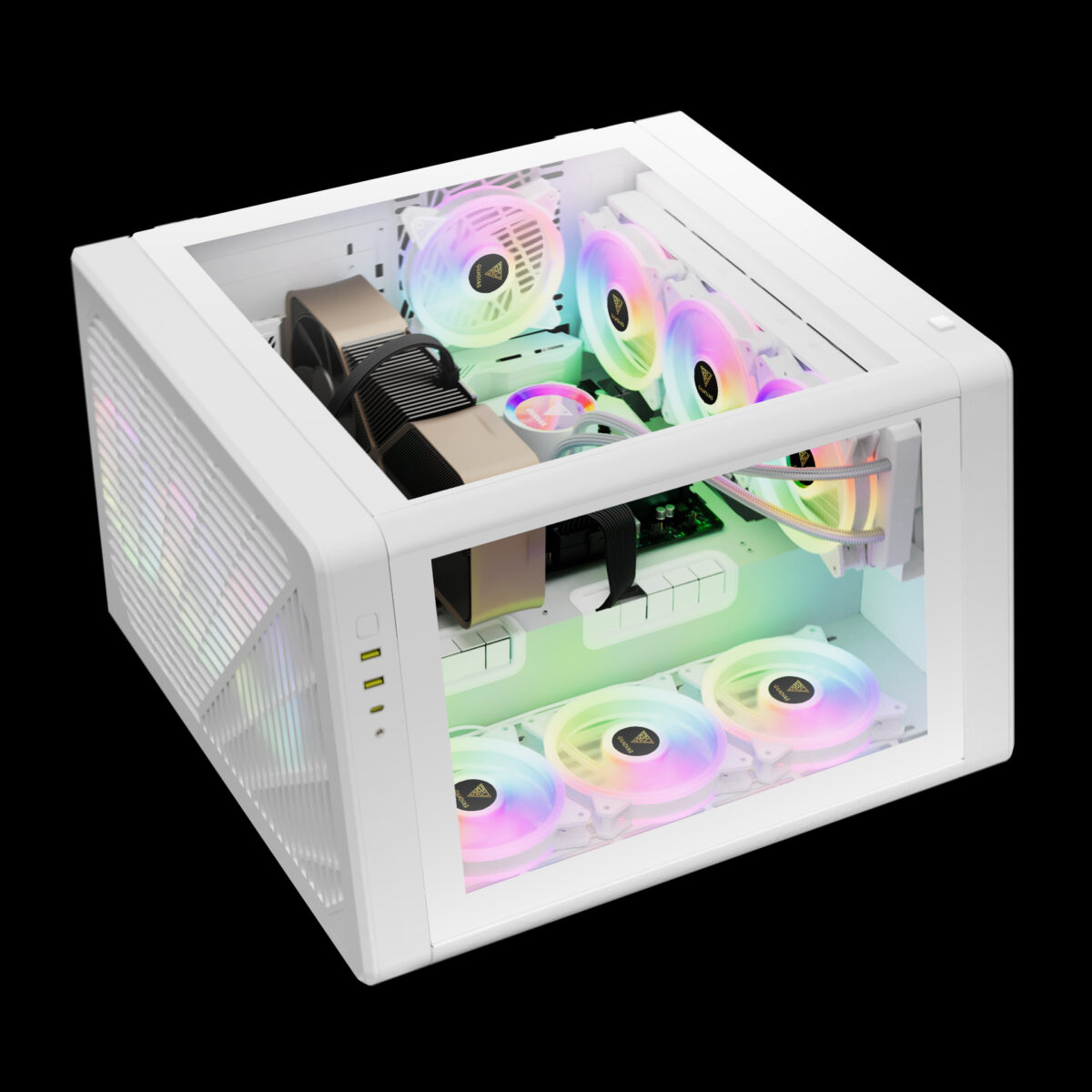 Brand GAMDIAS Case Type Mid Tower Color White Material Tempered Glass, Metal Cooling Method Air Model Name NESO P1 WW Light Color RGB Product Dimensions 19.3"D x 12.2"W x 19.5"H Number of USB 2 Ports 2 Special Feature Partition Plate Cooling Technology, RGB Lighting, LED Control Button, Dust Filter