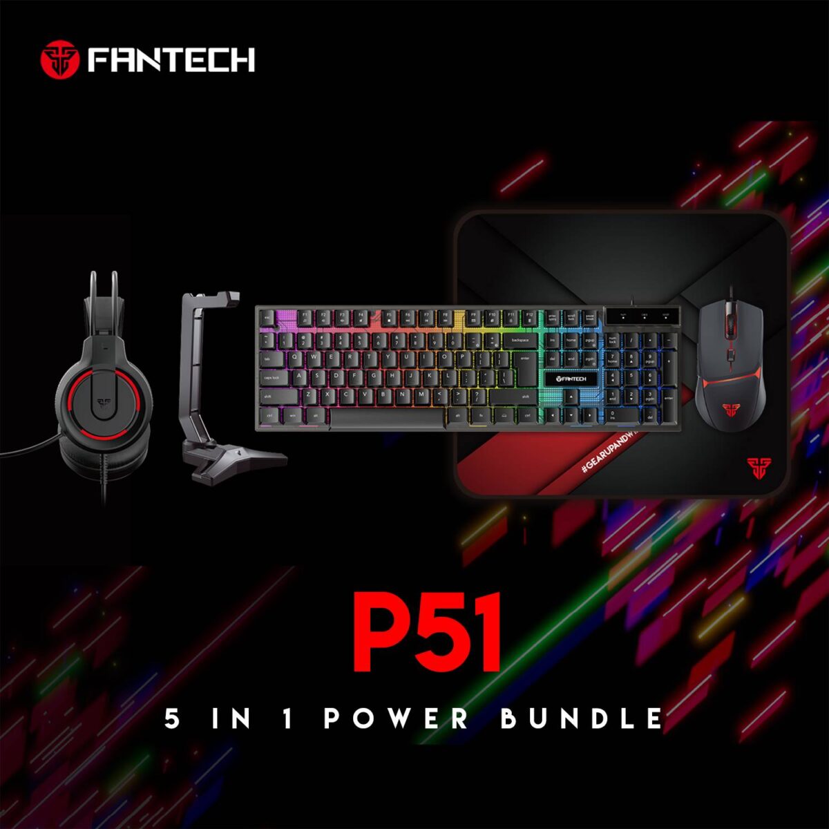 Fantech P51 5 in 1 Power Bundle : Flash HQ53 Headset , Tower II AC304 Headset Stand , Shikari K515 Gaming Keyboard , Vigil MP356 Mousepad , Crypto VX7 Gaming Mouse