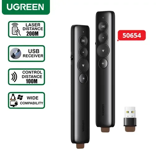 UGREEN Laser Pointer Wireless Remote Controller Presenter - 50654 ; Compatible with Windows, Mac OS, and Linux ; control with a range of up to 100m.