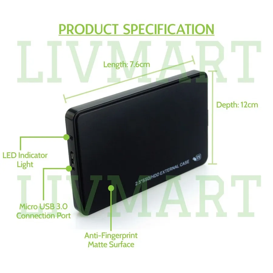 Hard Disk Drive External Enclosure Case Caddy - USB 3.0 SATA, 2.5 inch, for HDD, Solid State Drive SSD - Tool Free - BLACK