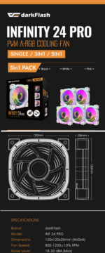 DARKFLASH INFINITY 24 PRO ARGB 5 FAN PACK INF24 5IN1 WHITE 120mm PWM Fan Speed : 800-1200±10%RPM ,Noise Level : 18-30 dB(MAX.) ,Airflow : 65CFM