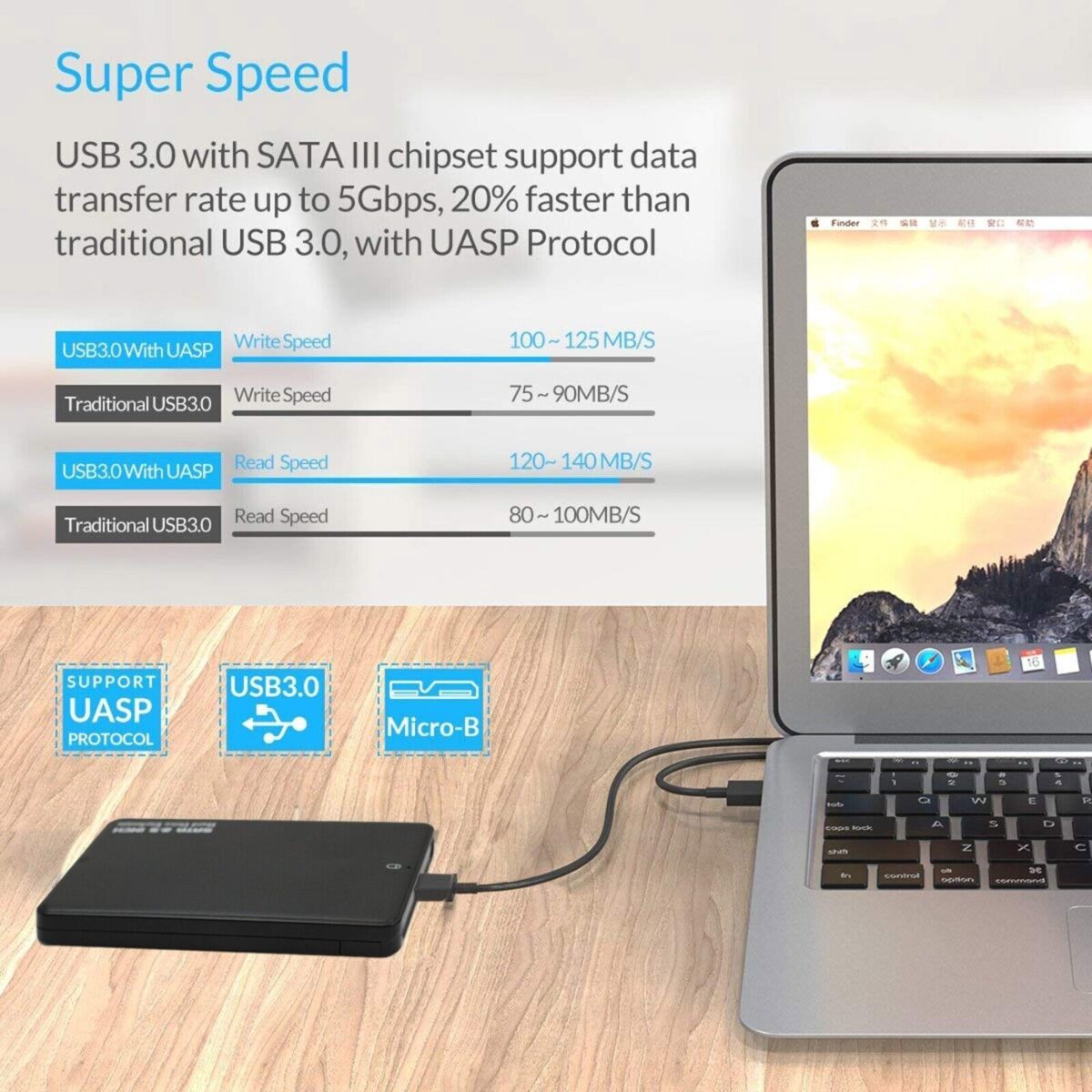 Hard Disk Drive External Enclosure Case Caddy - USB 3.0 SATA, 2.5 inch, for HDD, Solid State Drive SSD - Tool Free - BLACK