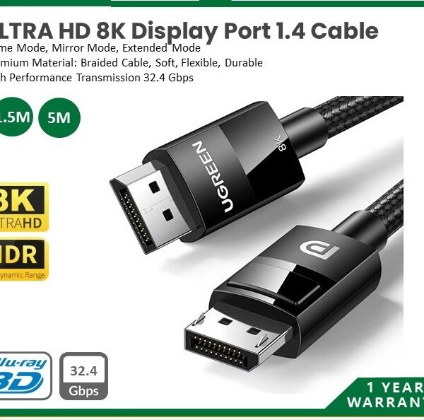UGREEN VESA Certified 8K DisplayPort Cable 10FT, DP 1.4 Cable Displayport to Displayport Cable Support 8K@60Hz, 4K@240Hz, FreeSync, G-Sync, HDR, 32.4Gbps for HDTVs, Displays, Monitors, Graphics, PC