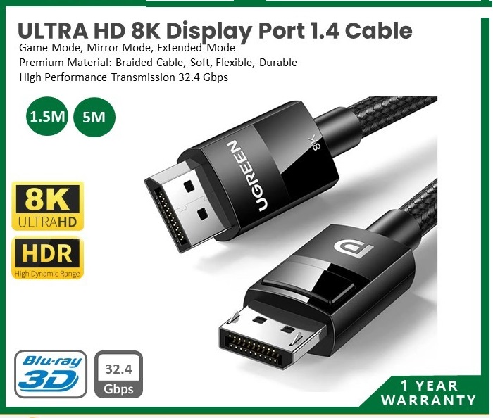 UGREEN VESA Certified 8K DisplayPort Cable 10FT, DP 1.4 Cable Displayport  to Displayport Cable Support 8K@60Hz, 4K@240Hz, FreeSync, G-Sync, HDR